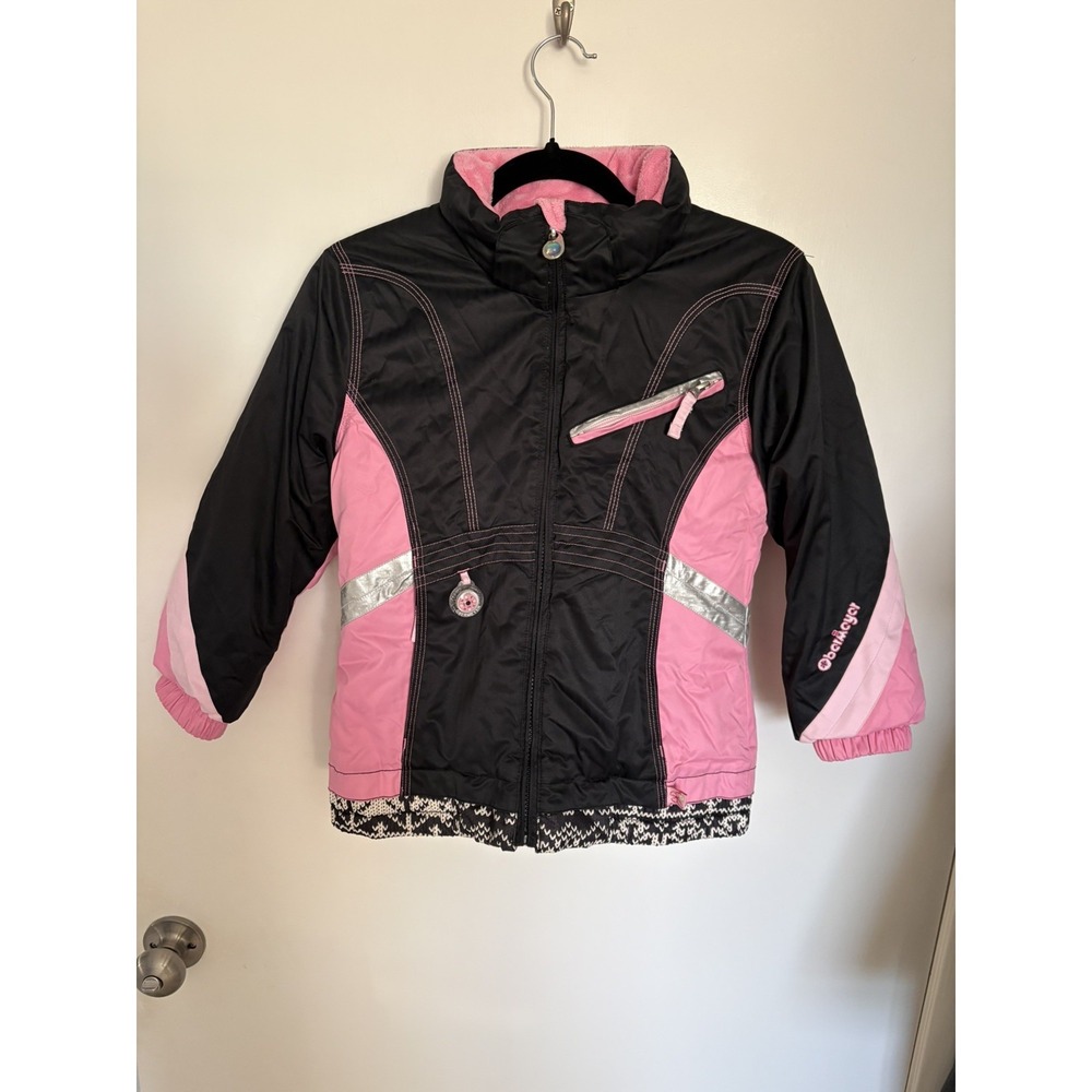 Obermeyer Hooded Girls Pink and Black Ski Jacket White Faux Trim Size 6